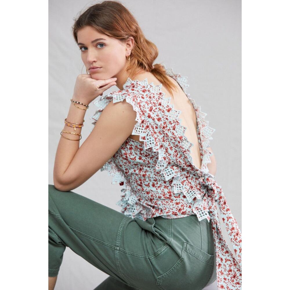 Blue Tassel Anthropologie Trina Eyelet Bow Blouse NWT